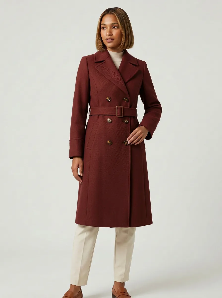 Women's Minimalist Leaf Embroidery Camel Printed Trench Coat