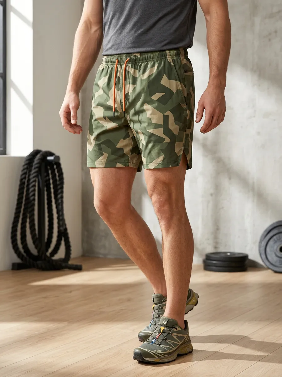 Men's Olive Camo Geometric Print Athletic Shorts Drawstring