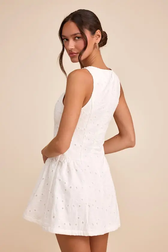 Celenia White Eyelet Embroidered Sleeveless Mini Dress