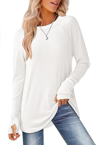 Womens Tunic Tops to Wear with Leggings Long Sleeve Thumb Hole Shirts Crew Neck Curved Hem