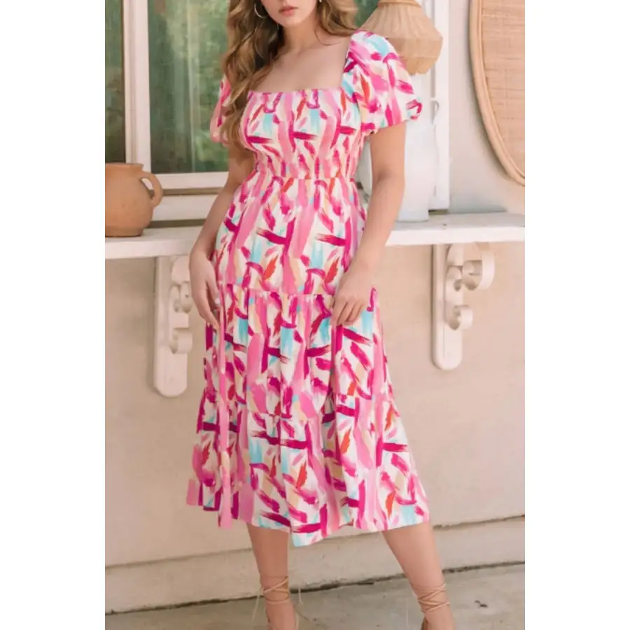 Geometric Puff Sleeve Square Neck Midi Dress