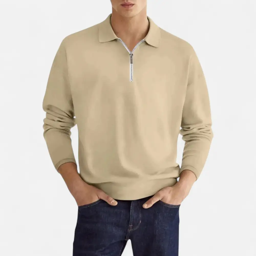 Denim Zip Collar Long Sleeve Polo Shirt