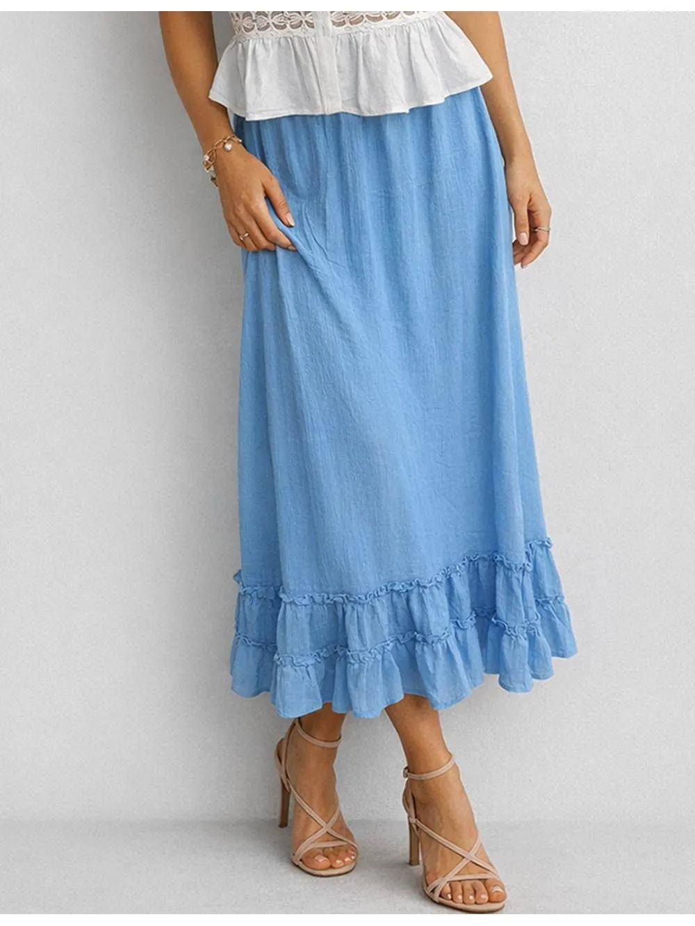 Solid Color Tiered Ruffle Hem Elastic Waist Maxi Skirt