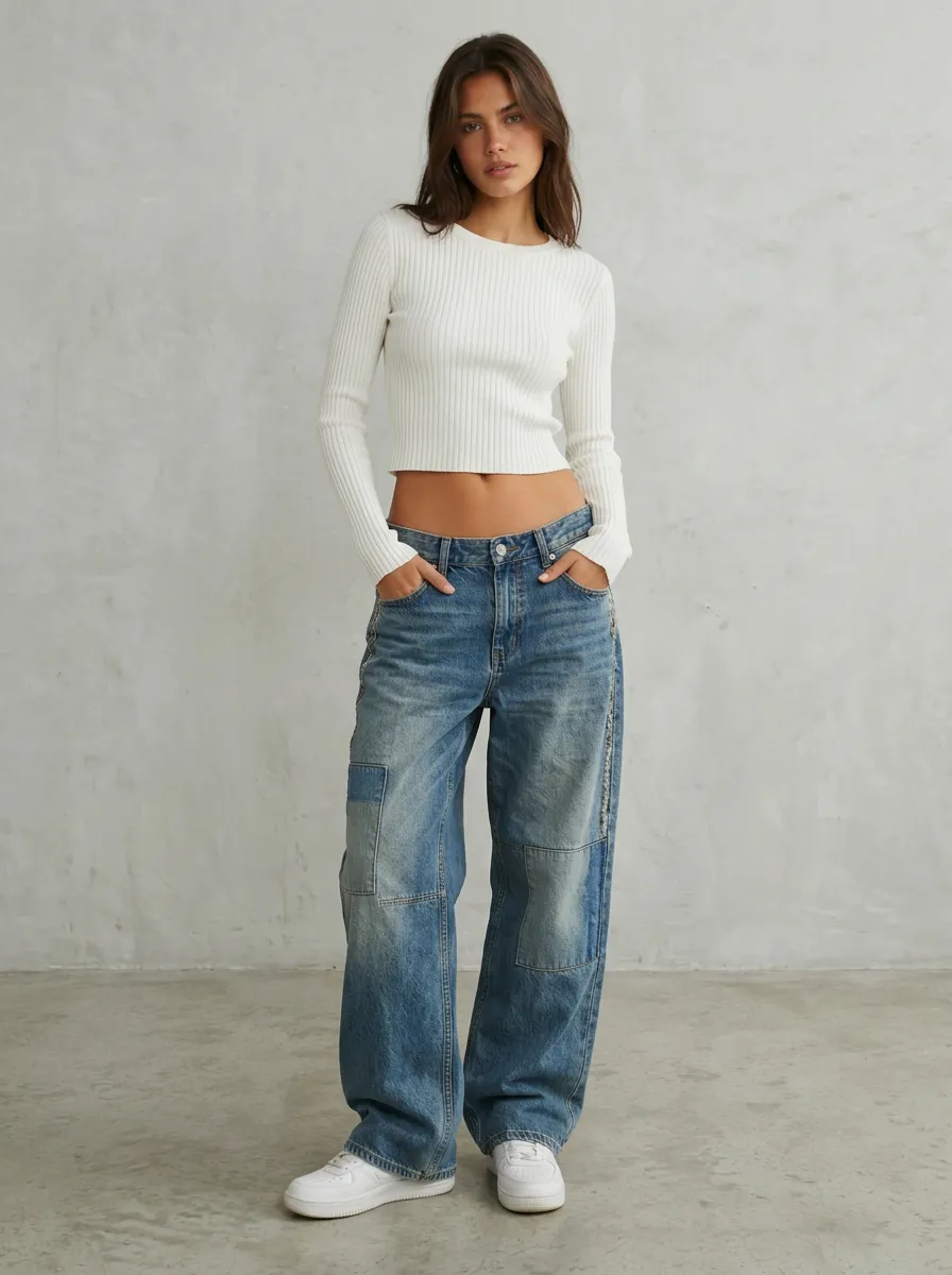 Women's Patchwork Printed Wide-Leg Jeans with High Waisted