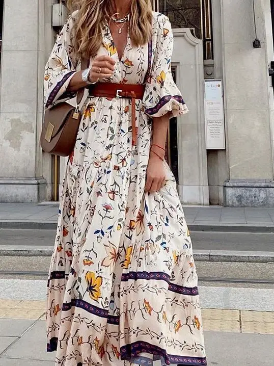 Women's Dresses Deep V-Neck Bohemian Print Maxi Dress