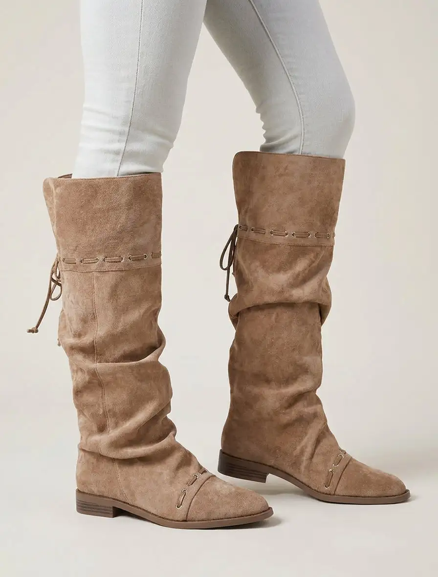 Relaxed Block Heel Faux Suede Knee High Boots