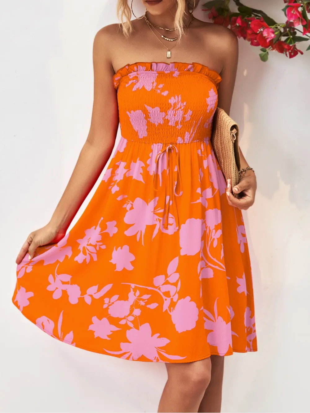 Floral Frill Trim Strapless Smocked Dress