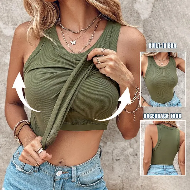 Women Everyday Basic Ribbed Built-in Bra Tank