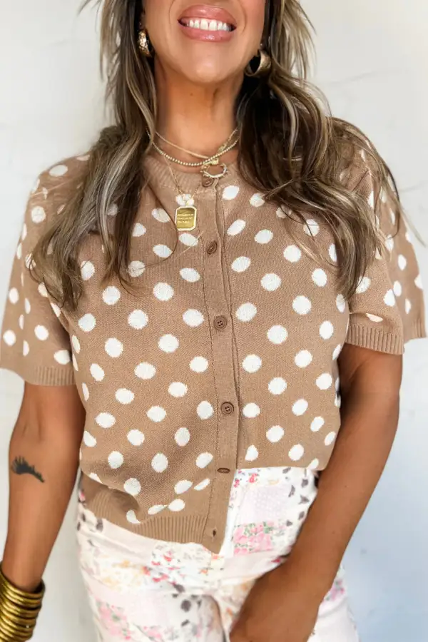 Polka Dot Short Sleeve Button Front Cardigan
