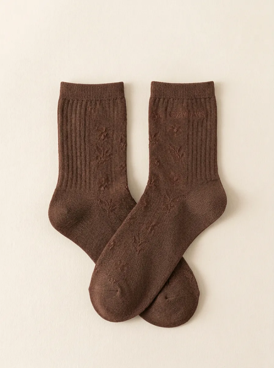 Ribbed Embroidered Floral Casual Socks