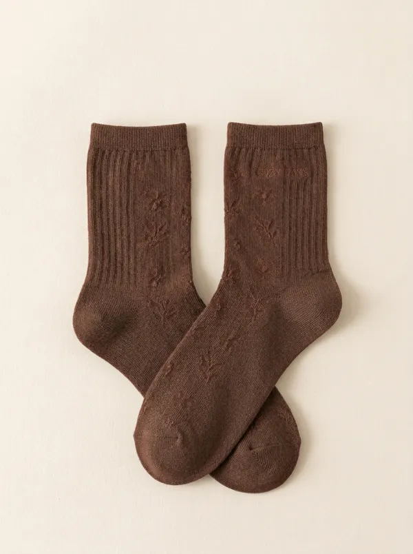 Ribbed Embroidered Floral Casual Socks