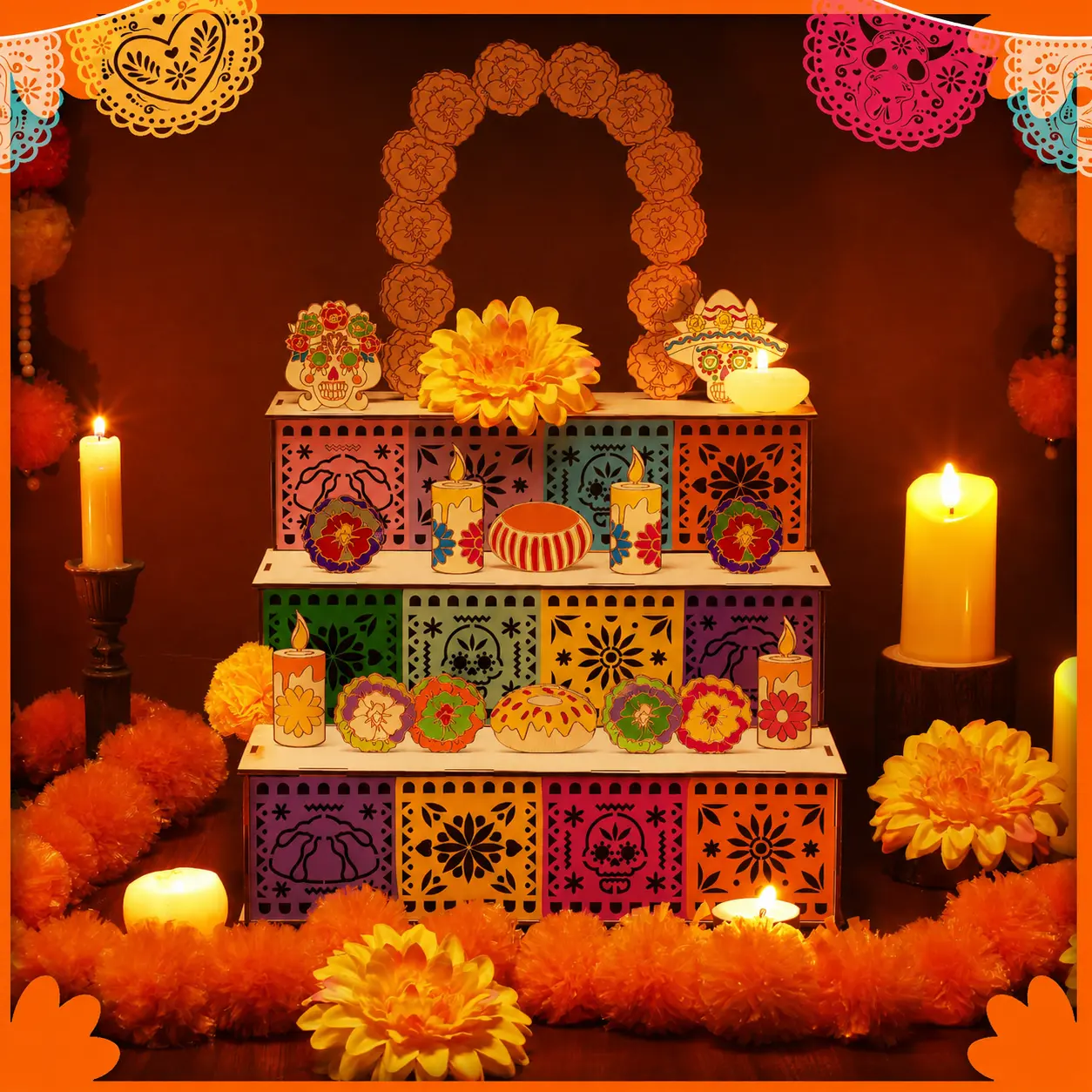 3-Tier Day of the Dead Wooden Altar Display Set - Three-Tier Tabletop Display