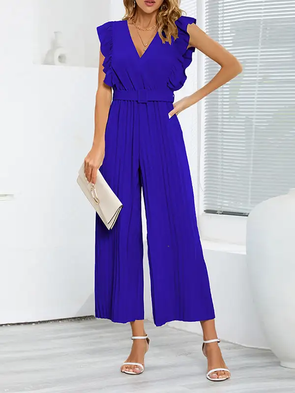 Hoog Getailleerde Losse Geplooide Jumpsuits Met V Hals
