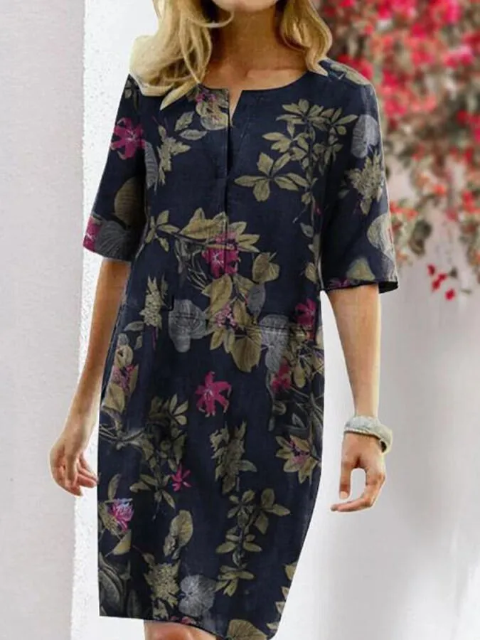 Women's Printed Split Round Neck Half Sleeve Vintage Dress
