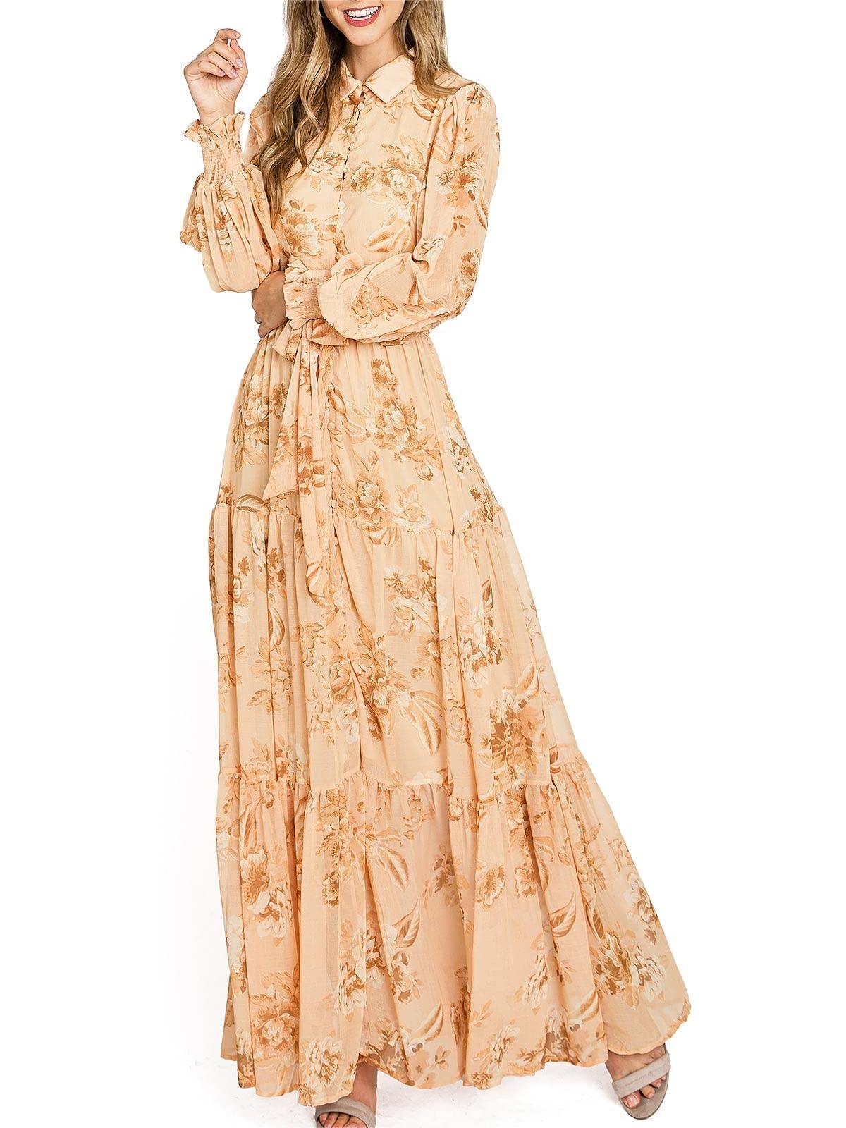 Apricot Floral Long - Sleeve Maxi Dress
