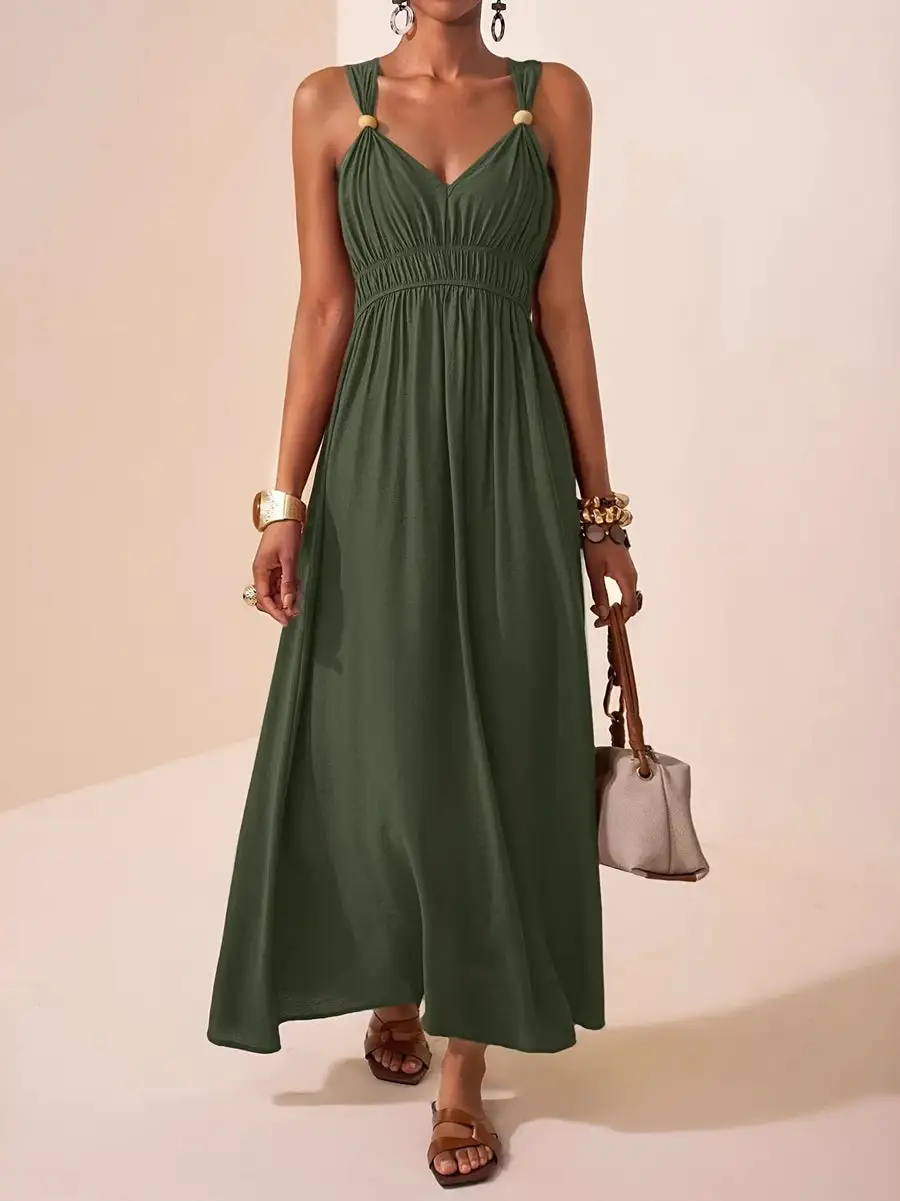 Spaghetti Pleated Neck Maxi Dress