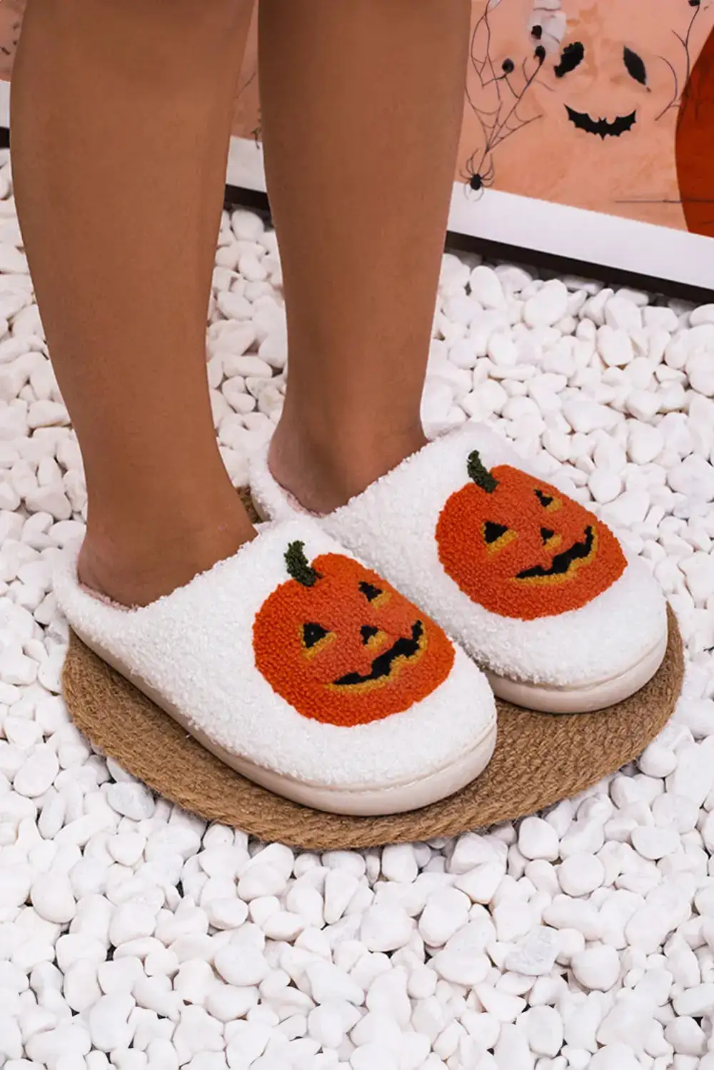 Pumpkin Print Plush House Slippers