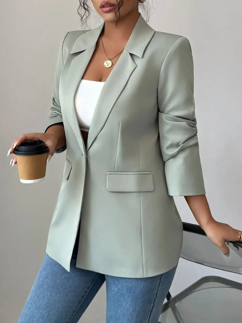 Streamlined Single-Button Lapel-Collar Blazer