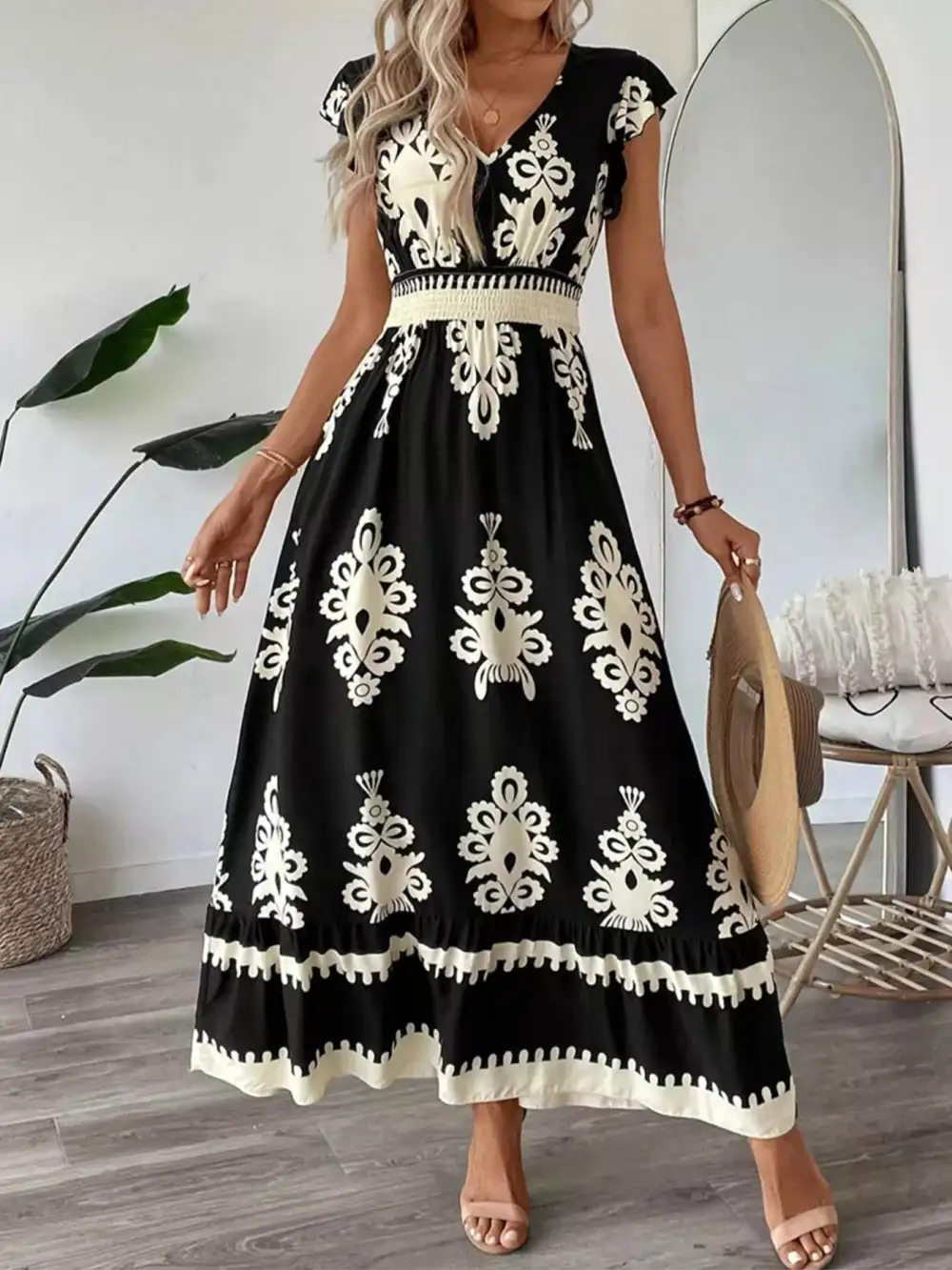 Ruffled Printed V-Neck Maxi Dress