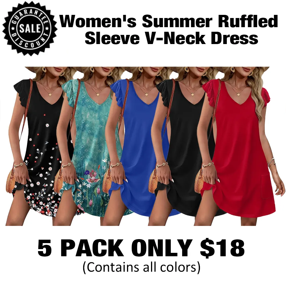 Women's Summer RuffledSleeve V-Neck Dress🔥9-Pack- Only $24