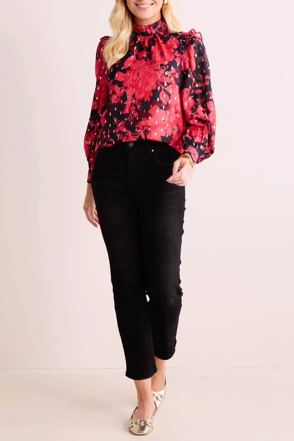 Red Polka Dot Balloon Sleeve High Neck Blouse