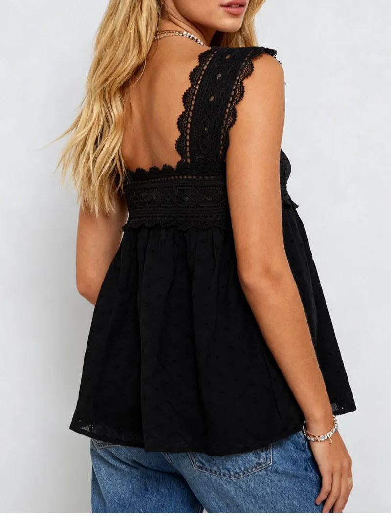 Chic Lace Embroidery Trim Sleeveless Babydoll Top