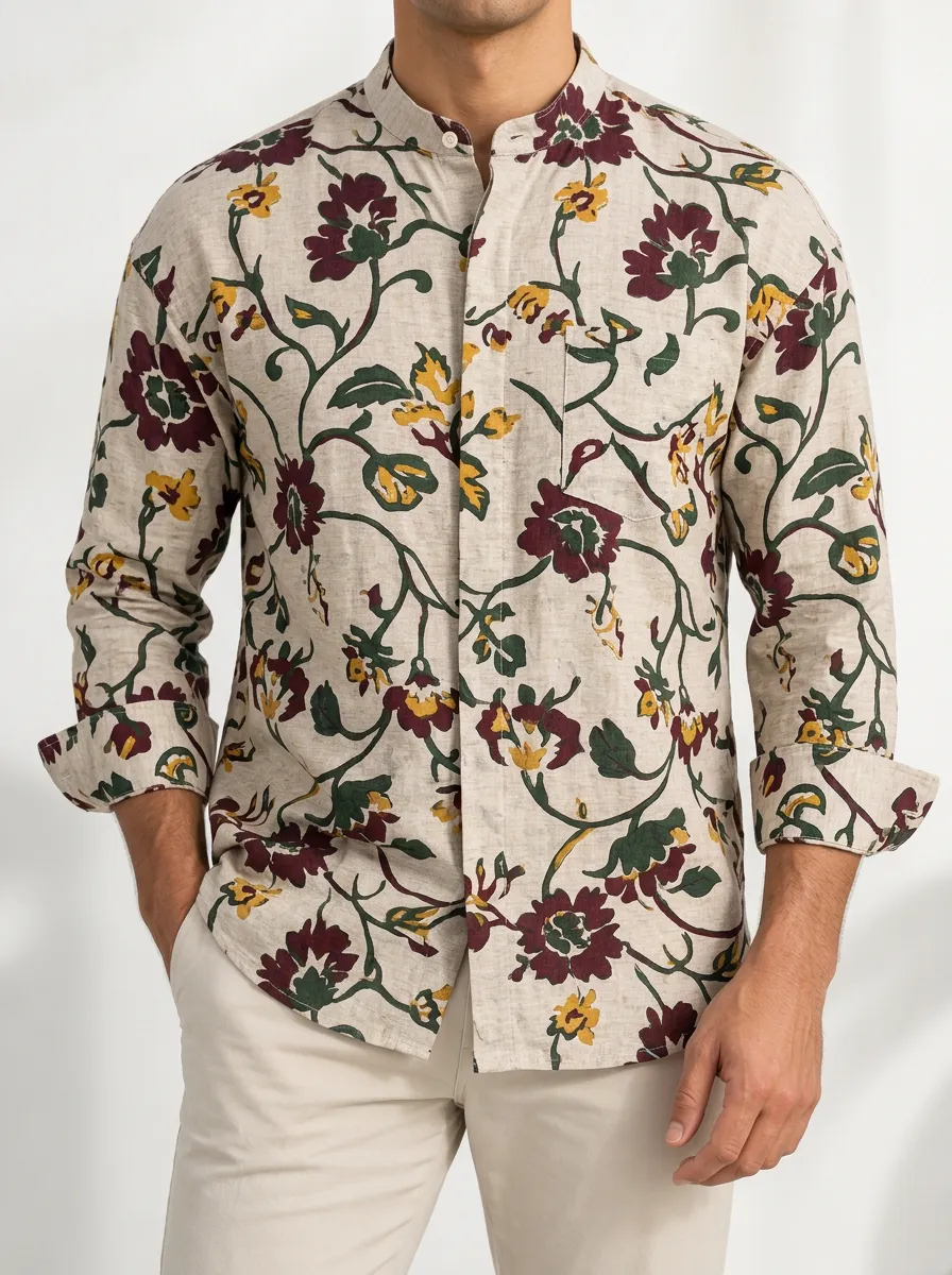 Men's Floral Mandarin Collar Long Sleeve Shirt