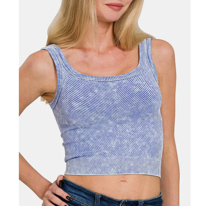 Wide-Strap Scoop-Neck Ribbed Washed Tank Top