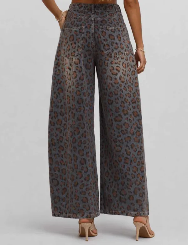 Leopard Jacquard Button Waist Barrel Leg Denim Pants