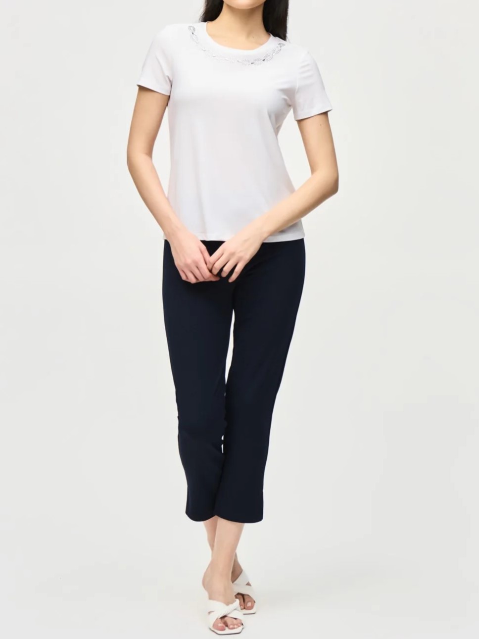 White Embellished Neckline T - Shirt