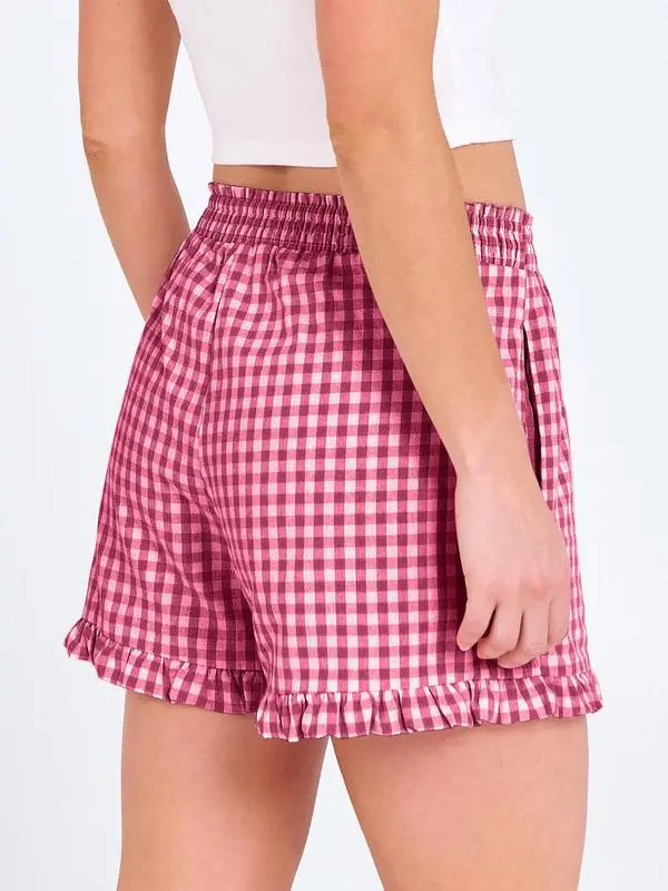 Women's Casual Lounge Sleep Plaid Ruffle Boxer Shorts Pajama Gingham Beach Bottoms Pockets