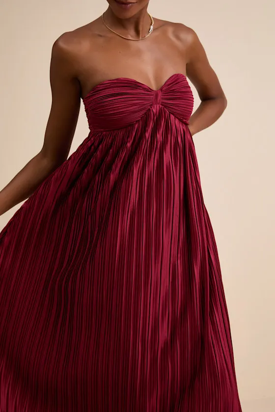 Whimsical Beauty Hot Pink Satin Plisse Strapless Maxi Dress