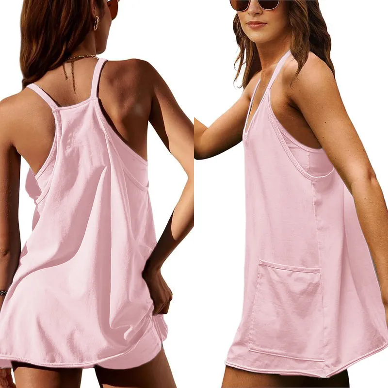 Women'S Womens Athletic Sleeveless Mini Dress With Built-In Shorts V Neck Spaghetti Strap Short Tennis Dress With Pockets