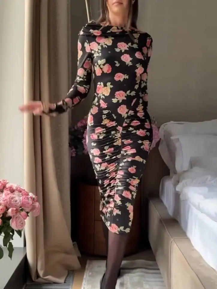 Distinctive Boat Neck Floral Print Pleated Midi Dress