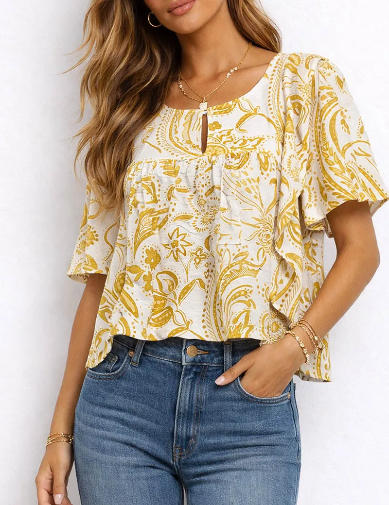 Paisley Round Neck Short Sleeves Babydoll Blouse