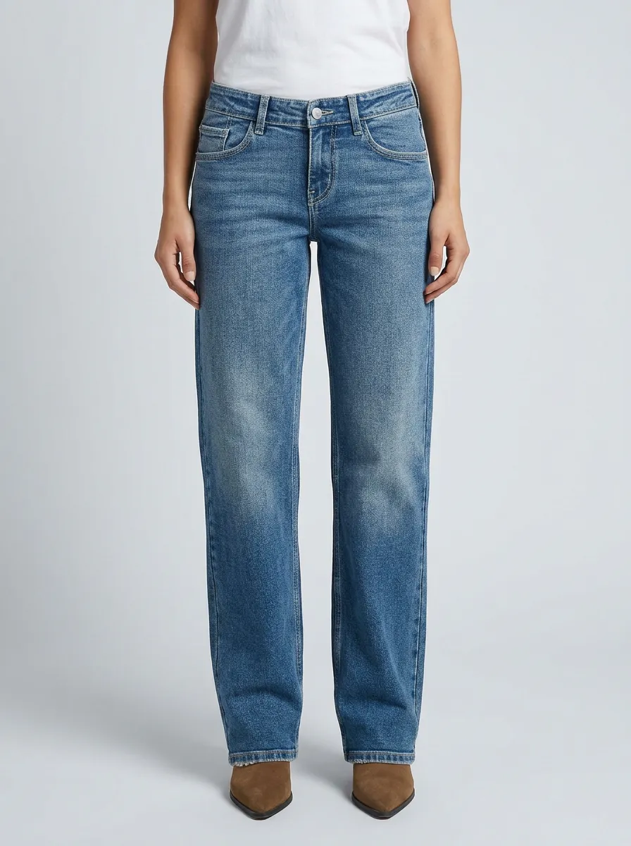 Women's Relaxed Contrast-Stitch Whiskered Straight-Leg Denim Jeans
