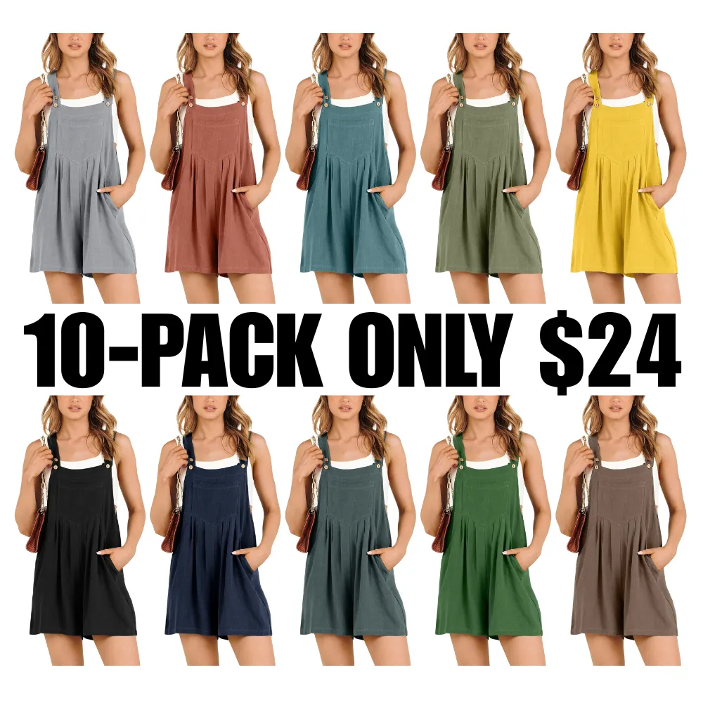 Women's Short Overalls Summer Casual Adjustable Strap Loose Linen Short Bib Overalls Sleeveless Jumpsuit