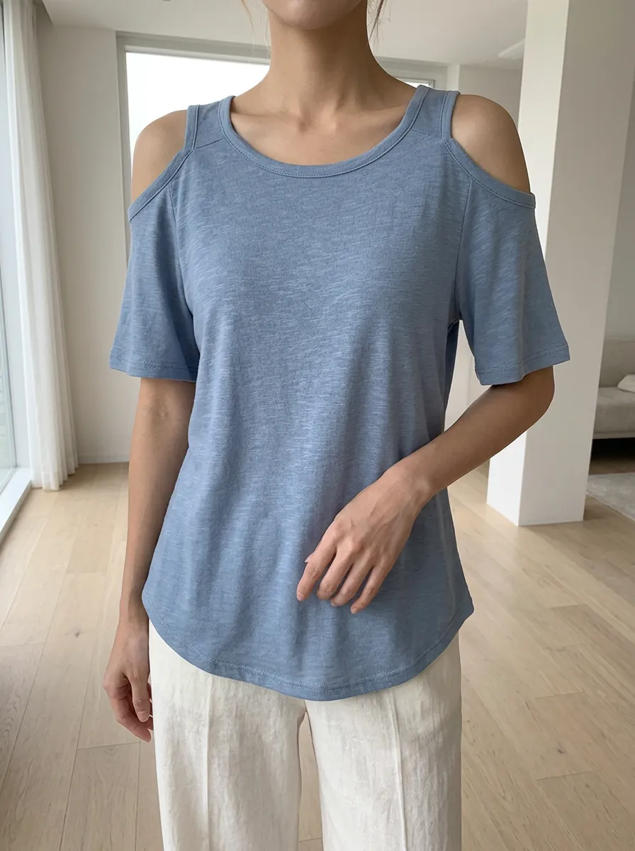 Women's Casual Blue Solid Color Cold Shoulder T-shirt