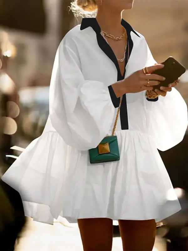 A Line Long Sleeve Buttoned Contrast Color Pleated Lapel Mini Dress