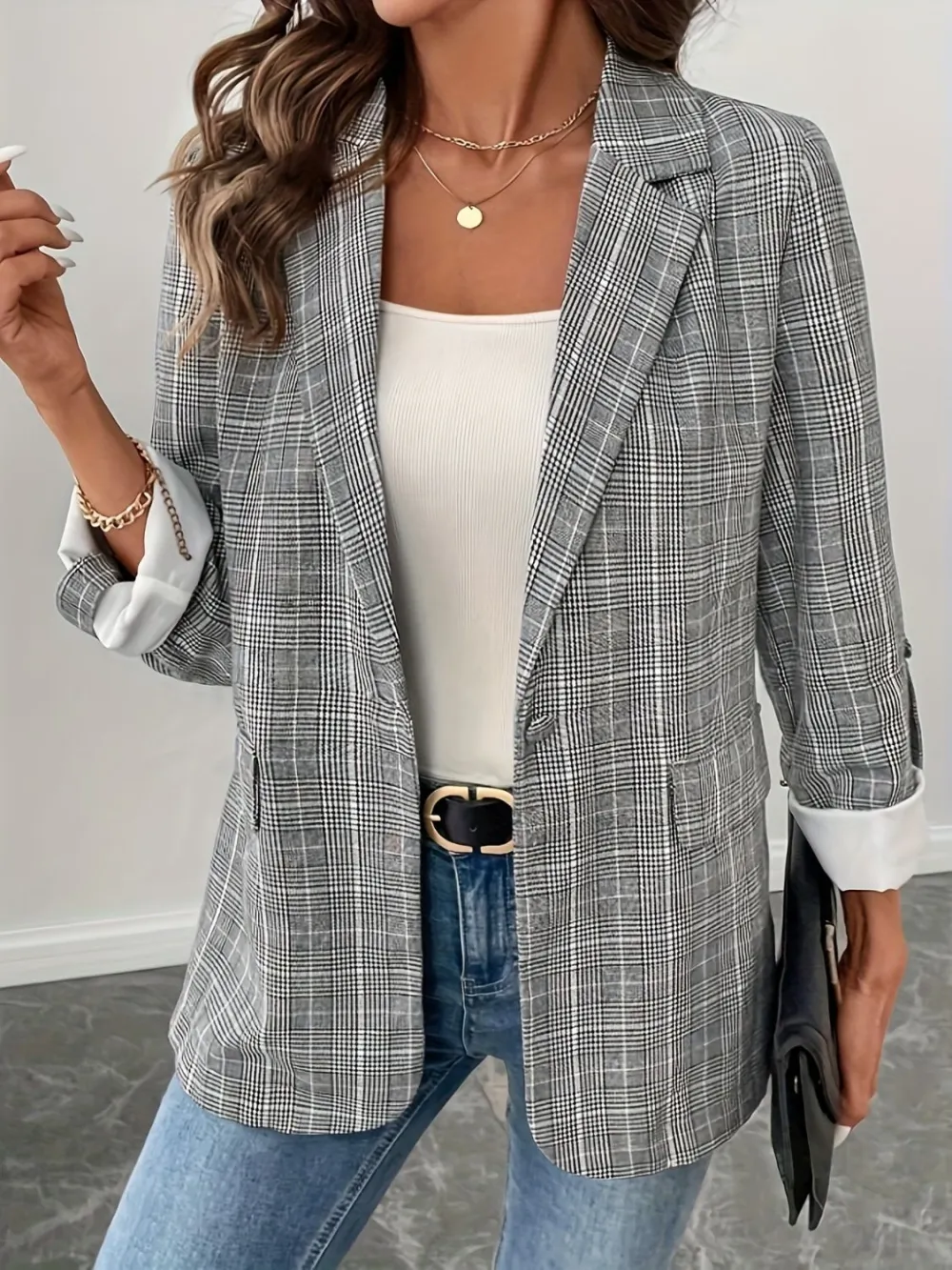 Single-Breasted Lapel-Collar Plaid Blazer