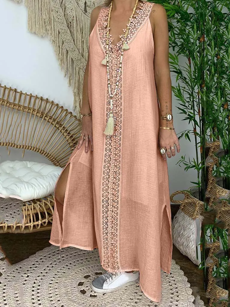 Women's Dresses Casual V-Neck Lace Panel Sleeveless Dress