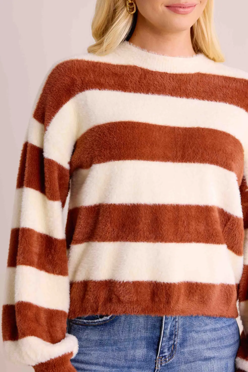 Striped Fuzzy Knit Crew Neck Sweater