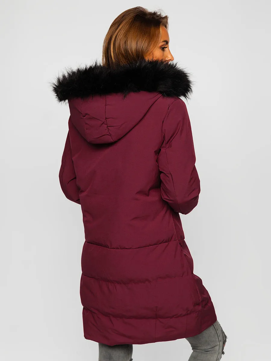 Wine Women's Quilted Winter Jacket With Hood