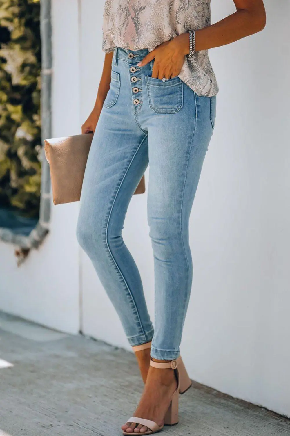 Skinny Button Denim Jeans