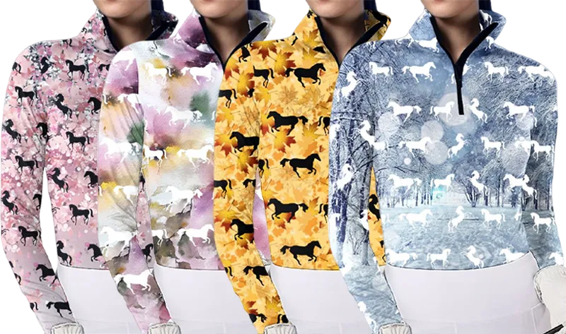 Spring, Summer, Autumn and Winter Women's Equestrian Style Maple Leaf Horse Print Long Sleeve Casual Shirt