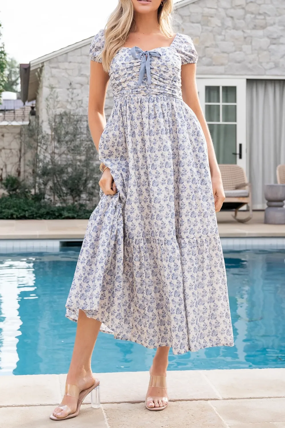 Casual Comfort Bowknot Blue Floral Dress