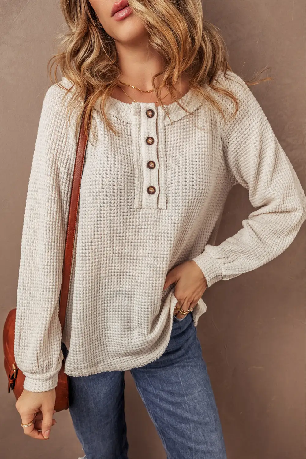 Waffle Knit Buttoned Front Raglan Sleeve Loose Blouse