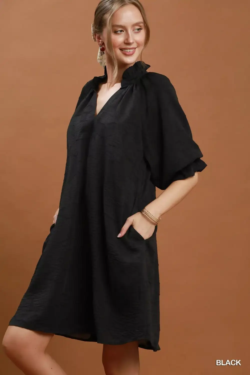 Floral Textured Jacquard V-Neck Dress