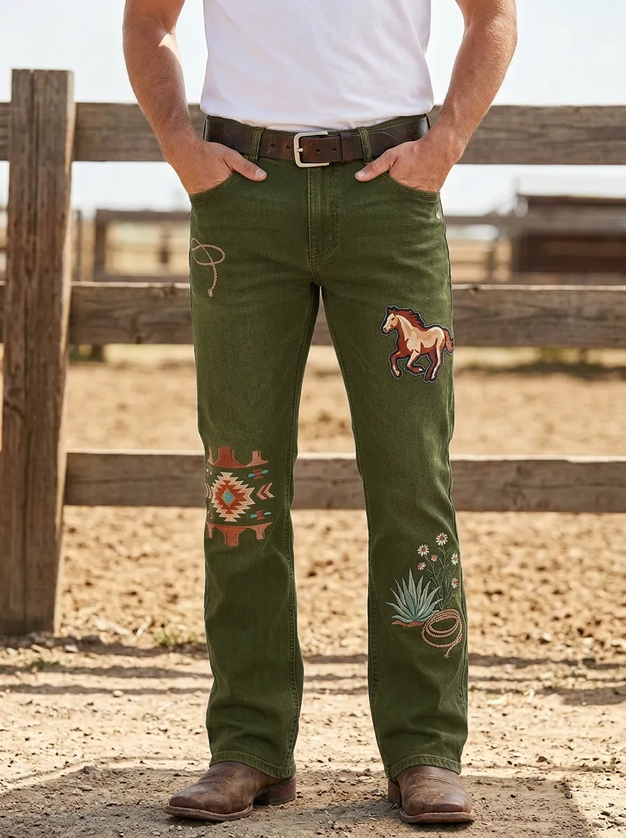 Men's Western Cowboy Horse Aztec Floral Printed Jeans
