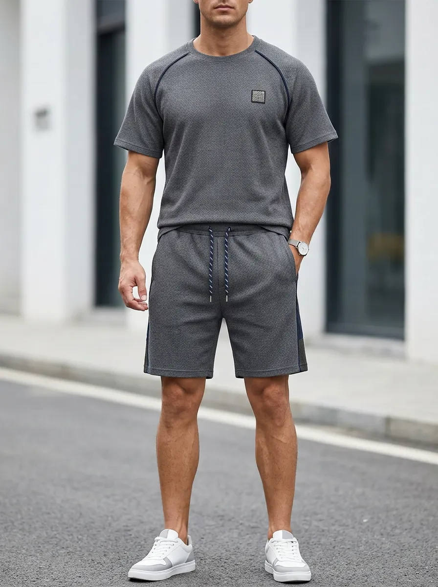 Casual Textured Detail Casual Look Men's T-Shirt And Shorts Set